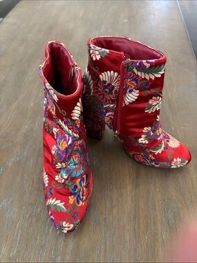 Bamboo Red Namaste Floral Satin Brocade Ankle Booties